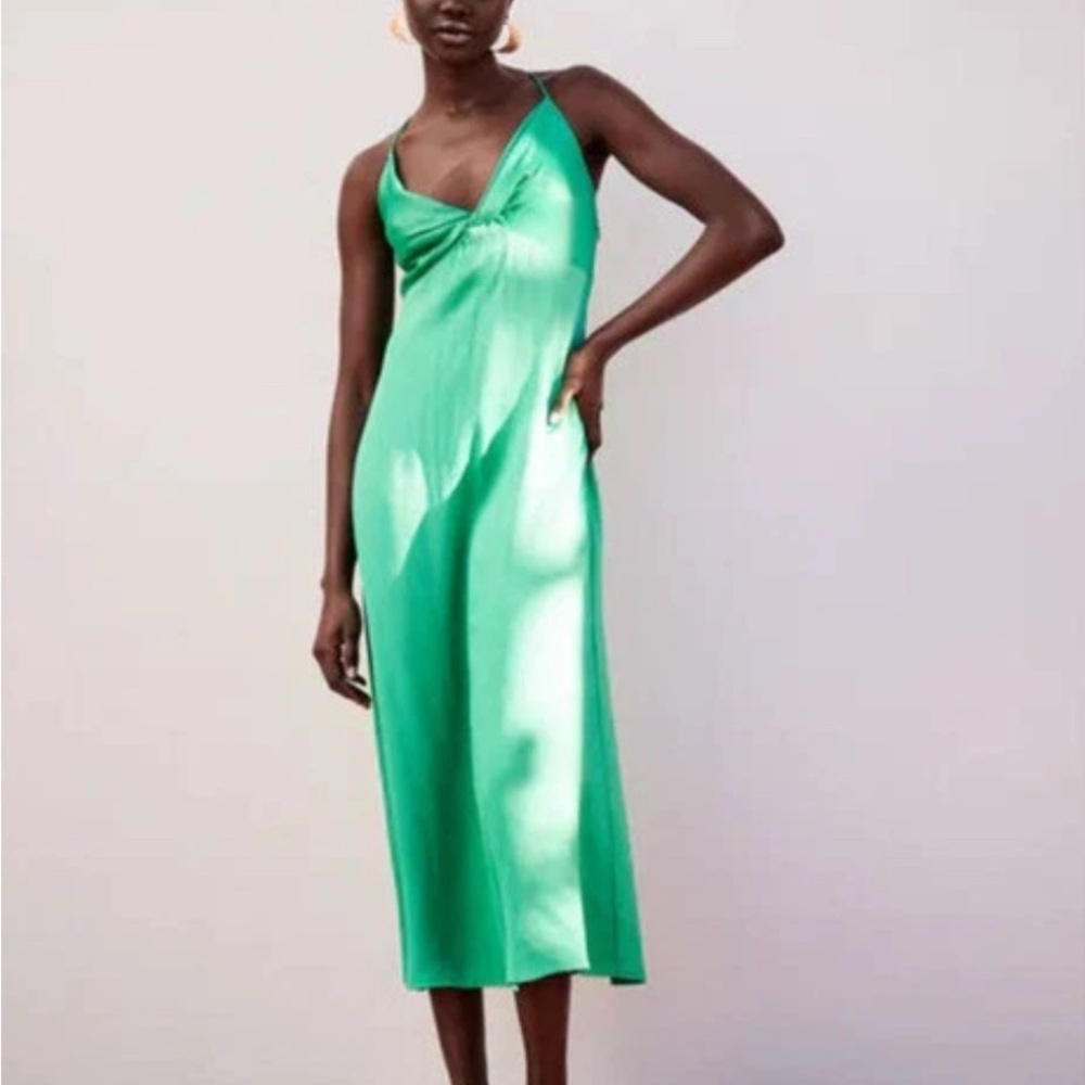 Zara Green Slip Midi Dress Spaghetti Strap Cocktail